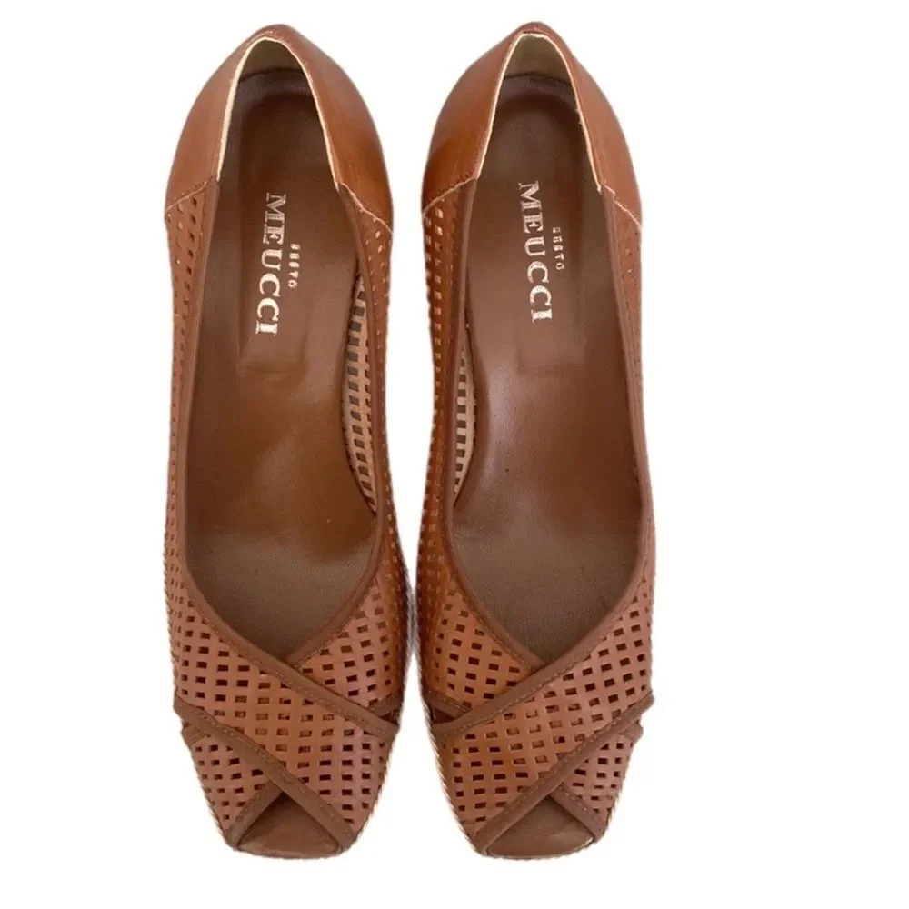 Sesto Meucci Brown Leather Woven Wedge Open-Toe Sandals Sz 9 Narrow